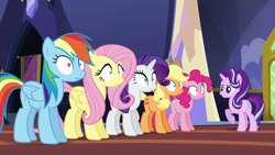 Size: 1280x720 | Tagged: safe, screencap, character:applejack, character:fluttershy, character:pinkie pie, character:rainbow dash, character:rarity, character:starlight glimmer, species:pony, episode:every little thing she does, g4, my little pony: friendship is magic, applejack's hat, clothing, cowboy hat, fiducia compellia, hat, mind control, stetson