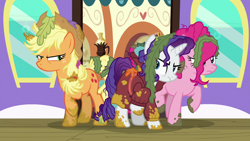 Size: 1280x720 | Tagged: safe, screencap, character:applejack, character:pinkie pie, character:rarity, species:pony, episode:p.p.o.v. (pony point of view), g4, my little pony: friendship is magic, applejack's hat, clothing, coat, cowboy hat, hat, seaweed, stetson, train, window