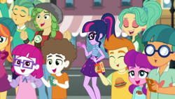Size: 1920x1080 | Tagged: safe, screencap, character:lily longsocks, character:sandalwood, character:super funk, character:twilight sparkle, character:twilight sparkle (scitwi), species:eqg human, episode:street magic with trixie, g4, my little pony:equestria girls, background human, beanie, burger, cellphone, cheering, clothing, doodle bug, eyes closed, female, food, gallop j. fry, garden grove, glasses, guy grove, hand on hip, hat, hedgehog, jeans, juice, juice box, legs, lidded eyes, little red, magic, male, open mouth, orange sunrise, pants, phone, ponytail, pose, shirt, skirt, smartphone, smiling, smirk, smug, smuglight sparkle, street, t-shirt, telekinesis, vest