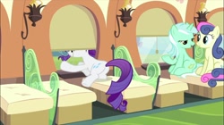 Size: 1287x723 | Tagged: safe, screencap, character:bon bon, character:lyra heartstrings, character:rarity, character:sweetie drops, species:pony, episode:rarity's biggest fan, plot, plot shot, ponies sitting next to each other, rearity, train, window