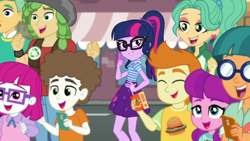 Size: 1920x1080 | Tagged: safe, screencap, character:lily longsocks, character:sandalwood, character:super funk, character:twilight sparkle, character:twilight sparkle (scitwi), species:eqg human, episode:street magic with trixie, g4, my little pony:equestria girls, female, gallop j. fry, garden grove, little red, looking at you, magic, male, telekinesis