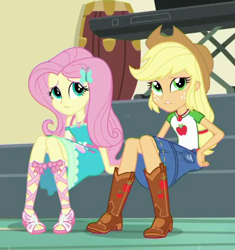 Size: 415x442 | Tagged: safe, screencap, character:applejack, character:fluttershy, episode:overpowered, g4, my little pony:equestria girls, applejack's hat, boots, clothing, cowboy boots, cowboy hat, cropped, denim skirt, dress, female, freckles, geode of fauna, geode of super strength, hat, legs, magical geodes, sandals, sitting, skirt, stetson