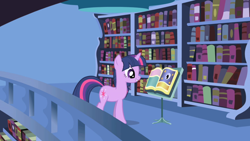Size: 1280x720 | Tagged: safe, screencap, character:twilight sparkle, character:twilight sparkle (unicorn), species:pony, species:unicorn, episode:friendship is magic, g4, my little pony: friendship is magic, book, bookshelf, female, mare, predictions and prophecies, solo, twilight's canterlot home