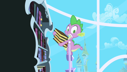 Size: 1280x720 | Tagged: safe, screencap, character:spike, species:dragon, episode:friendship is magic, g4, my little pony: friendship is magic, book, bookshelf, ladder, solo, twilight's canterlot home, window