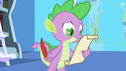 Size: 1280x720 | Tagged: safe, screencap, character:spike, species:dragon, episode:friendship is magic, g4, my little pony: friendship is magic, bookshelf, feather, ladder, letter, male, paper, parchment, quill, solo, twilight's canterlot home, window