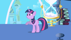 Size: 1280x720 | Tagged: safe, screencap, character:twilight sparkle, character:twilight sparkle (unicorn), species:pony, species:unicorn, episode:friendship is magic, g4, my little pony: friendship is magic, book, hourglass, solo, twilight's canterlot home, window