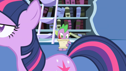 Size: 1280x720 | Tagged: safe, screencap, character:spike, character:twilight sparkle, character:twilight sparkle (unicorn), species:dragon, species:pony, species:unicorn, episode:friendship is magic, g4, my little pony: friendship is magic, bookshelf, feather, ladder, letter, male, paper, parchment, quill, twilight's canterlot home