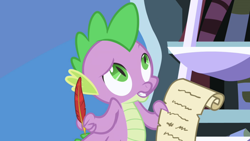 Size: 1280x720 | Tagged: safe, screencap, character:spike, species:dragon, episode:friendship is magic, g4, my little pony: friendship is magic, bookshelf, feather, ladder, letter, male, paper, parchment, quill, solo, twilight's canterlot home