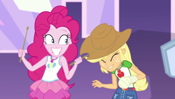 Size: 1920x1080 | Tagged: safe, screencap, character:applejack, character:pinkie pie, episode:constructive criticism, g4, my little pony:equestria girls, applejack's hat, bandage, broken hand, clothing, constructive criticism: pinkie pie, cowboy hat, cute, denim skirt, diapinkes, drumsticks, duo, duo female, female, geode of sugar bombs, geode of super strength, hat, jackabetes, magical geodes, skirt