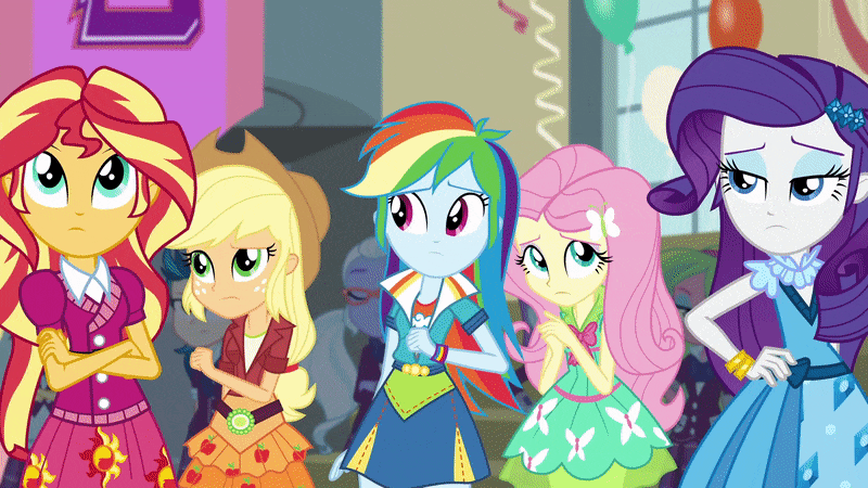 Size: 800x450 | Tagged: safe, screencap, character:applejack, character:fluttershy, character:indigo zap, character:lemon zest, character:rainbow dash, character:rarity, character:sugarcoat, character:sunny flare, character:sunset shimmer, equestria girls:friendship games, g4, my little pony:equestria girls, animated, canterlot high, crystal prep academy, crystal prep shadowbolts, gif, outfit, unamused