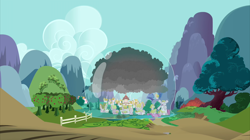 Size: 2880x1616 | Tagged: safe, screencap, episode:magic duel, g4, my little pony: friendship is magic, apple tree, cloud, dome, mountain, no pony, ponyville, ponyville town hall, scenery, town, tree