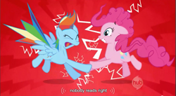 Size: 857x470 | Tagged: safe, screencap, character:pinkie pie, character:rainbow dash, species:earth pony, species:pegasus, species:pony, episode:griffon the brush-off, duo, duo female, female, joy buzzer, mare, youtube caption