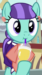 Size: 345x615 | Tagged: safe, screencap, character:mixed berry, species:earth pony, species:pony, episode:the parent map, g4, drink, drinking straw, ear piercing, earring, female, hoof hold, jewelry, mare, piercing, smiling, solo
