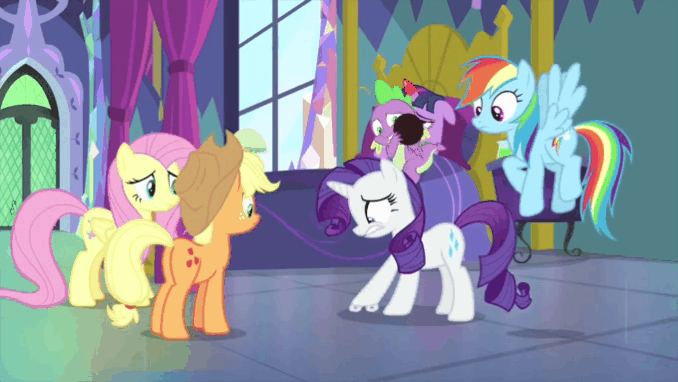 Size: 678x382 | Tagged: safe, screencap, character:applejack, character:fluttershy, character:rainbow dash, character:rarity, character:spike, character:twilight sparkle, character:twilight sparkle (alicorn), species:alicorn, species:dragon, species:pony, episode:ail-icorn, animated, bed, gif, loop, rariskate, winged spike