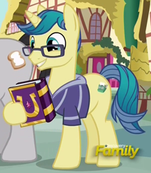 Size: 608x695 | Tagged: safe, screencap, character:first edition, species:pony, episode:fame and misfortune, g4, my little pony: friendship is magic, background pony, book, discovery family logo, male, stallion