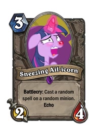 Size: 720x960 | Tagged: safe, screencap, character:twilight sparkle, character:twilight sparkle (alicorn), species:alicorn, species:pony, episode:ail-icorn, card, hearthstone, nostril flare, nostrils, pre sneeze, red nosed, sick, sicklight sparkle, sneezing, tongue out, warcraft