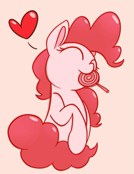 Size: 519x675 | Tagged: safe, artist:niteax, character:pinkie pie, species:pony, candy, cute, diapinkes, eyes closed, female, food, heart, lollipop, mare, nom, pink background, simple background, solo