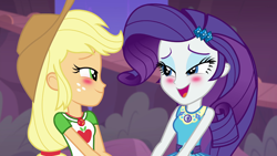 Size: 1920x1080 | Tagged: safe, screencap, character:applejack, character:rarity, equestria girls:rollercoaster of friendship, g4, my little pony:equestria girls, blushing, context is for the weak, female, geode of shielding, geode of super strength, magical geodes, not an edit, out of context, shipping fuel