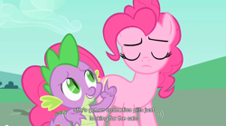 Size: 852x474 | Tagged: safe, screencap, character:pinkie pie, character:spike, species:dragon, species:earth pony, species:pony, female, male, mare, youtube caption