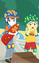 Size: 260x415 | Tagged: safe, screencap, character:super funk, episode:sic skateboard, g4, my little pony:equestria girls, background human, clothing, cropped, gallop j. fry, helmet, male, pants, shoes, shorts, skateboard, sneakers