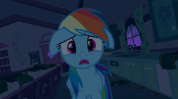 Size: 1665x932 | Tagged: safe, screencap, character:rainbow dash, species:pegasus, species:pony, episode:28 pranks later, g4, my little pony: friendship is magic, female, floppy ears, mare, night, open mouth, scared, sugarcube corner