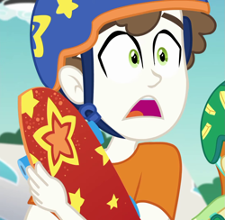 Size: 1105x1079 | Tagged: safe, screencap, character:super funk, episode:sic skateboard, g4, my little pony:equestria girls, background human, clothing, cropped, gallop j. fry, helmet, shocked, skateboard