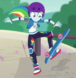 Size: 596x614 | Tagged: safe, screencap, character:rainbow dash, episode:sic skateboard, g4, my little pony:equestria girls, cropped, geode of super speed, helmet, knee pads, magical geodes, skate park, skateboard, skateboarding