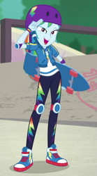 Size: 429x770 | Tagged: safe, screencap, character:rainbow dash, episode:sic skateboard, g4, my little pony:equestria girls, cropped, geode of super speed, knee pads, magical geodes, skateboard, solo