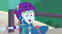 Size: 1920x1080 | Tagged: safe, screencap, character:rainbow dash, episode:sic skateboard, g4, my little pony:equestria girls, cute, dashabetes, geode of super speed, helmet, magical geodes, skateboard, solo