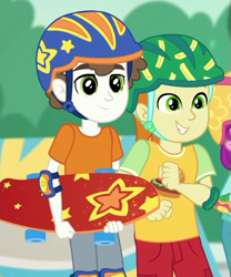 Size: 575x690 | Tagged: safe, screencap, character:super funk, episode:sic skateboard, g4, my little pony:equestria girls, background human, clothing, cropped, gallop j. fry, helmet, male, pants, shorts, skateboard, smiling