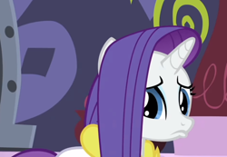 Size: 1010x698 | Tagged: safe, screencap, character:rarity, species:pony, species:unicorn, episode:rarity's biggest fan, bathrobe, clothing, cute, female, frown, raribetes, robe, sad, solo, woobie