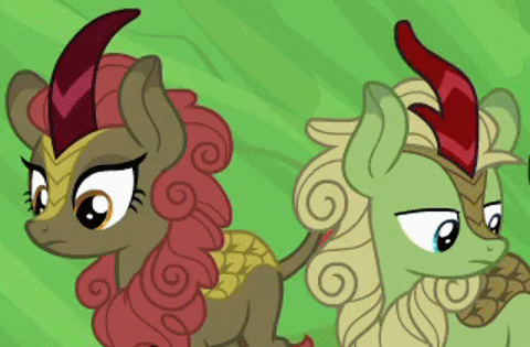 Size: 480x315 | Tagged: safe, screencap, character:forest fall, character:maple brown, species:kirin, episode:sounds of silence, g4, my little pony: friendship is magic, animated, background kirin, cropped, duo, female, gif, looking at each other, male