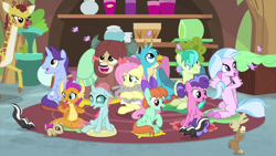 Size: 1280x720 | Tagged: safe, screencap, character:clementine, character:fluttershy, character:gallus, character:november rain, character:ocellus, character:peppermint goldylinks, character:sandbar, character:silverstream, character:smolder, character:yona, species:changedling, species:changeling, species:classical hippogriff, species:dragon, species:earth pony, species:griffon, species:hippogriff, species:pegasus, species:pony, species:rabbit, species:reformed changeling, species:unicorn, species:yak, bow, chipmunk, colored hooves, cute, dragoness, female, friendship student, giraffe, hair bow, jewelry, male, mare, monkey swings, necklace, skunk, smiling, stallion, teacher of the month (episode), teenager
