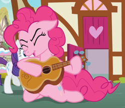 Size: 991x855 | Tagged: safe, screencap, character:pinkie pie, character:rarity, species:earth pony, species:pony, species:unicorn, episode:honest apple, g4, my little pony: friendship is magic, cropped, eyes closed, female, floppy ears, guitar, mare, open mouth, power slide, sliding, solo focus
