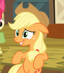Size: 749x860 | Tagged: safe, screencap, character:apple bloom, character:applejack, species:earth pony, species:pony, episode:the perfect pear, g4, my little pony: friendship is magic, belly, bipedal, bipedal leaning, cropped, cute, female, filly, floppy ears, jackabetes, leaning, leaning back, mare, offscreen character, smiling, solo focus