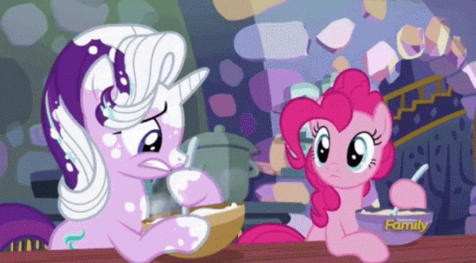 Size: 927x512 | Tagged: safe, screencap, character:pinkie pie, character:starlight glimmer, species:earth pony, species:pony, species:unicorn, episode:every little thing she does, g4, my little pony: friendship is magic, female, flour, mare