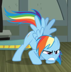 Size: 653x663 | Tagged: safe, screencap, character:rainbow dash, species:pegasus, species:pony, episode:daring done, angry, cropped, defensive, female, gritted teeth, mare, smiling, spread wings, wings