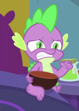 Size: 259x364 | Tagged: safe, screencap, character:spike, species:dragon, episode:ail-icorn, animated, bed, bowl, claws, cropped, gif, male, shocked, solo focus, winged spike