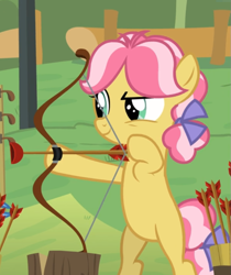 Size: 781x930 | Tagged: safe, screencap, character:kettle corn, species:pony, episode:marks and recreation, g4, my little pony: friendship is magic, archery, bipedal, cropped, female