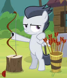 Size: 775x897 | Tagged: safe, screencap, character:rumble, species:pegasus, species:pony, episode:marks and recreation, g4, my little pony: friendship is magic, archery, bipedal, colt, cropped, male, unamused