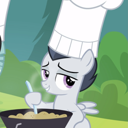 Size: 941x936 | Tagged: safe, screencap, character:rumble, species:pony, episode:marks and recreation, g4, my little pony: friendship is magic, chef's hat, clothing, colt, cooking, cropped, hat, lidded eyes, male, pot, sitting, smiling, smug