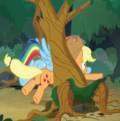 Size: 576x584 | Tagged: safe, screencap, character:applejack, character:rainbow dash, species:pony, episode:non-compete clause, g4, my little pony: friendship is magic, buttstuck, plot, stuck, tree