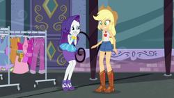 Size: 1920x1080 | Tagged: safe, screencap, character:applejack, character:rarity, episode:street chic, g4, my little pony:equestria girls, clothes rack, clothing, sleeveless, tank top