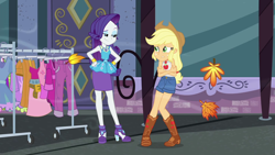 Size: 1920x1080 | Tagged: safe, screencap, character:applejack, character:rarity, episode:street chic, g4, my little pony:equestria girls, clothes rack, clothing, cold, freezing, leaves, shivering, sleeveless, smiling, smirk, tank top