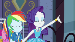 Size: 1920x1080 | Tagged: safe, screencap, character:rainbow dash, character:rarity, episode:street chic, g4, my little pony:equestria girls, eyes closed, eyeshadow, geode of shielding, geode of super speed, huggable, magical geodes, makeup, smiling, window