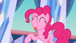 Size: 1280x720 | Tagged: safe, screencap, character:pinkie pie, species:earth pony, species:pony, episode:games ponies play, g4, my little pony: friendship is magic, female, mare, raised hoof, solo, tongue out