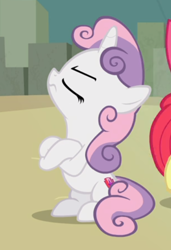 Size: 400x586 | Tagged: safe, screencap, character:apple bloom, character:sweetie belle, species:earth pony, species:pony, species:unicorn, episode:surf and/or turf, g4, my little pony: friendship is magic, cropped, crossed hooves, cutie mark, eyes closed, female, filly, offscreen character, pouting, sitting, solo focus, the cmc's cutie marks