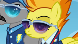 Size: 1280x720 | Tagged: safe, screencap, character:spitfire, species:pegasus, species:pony, episode:wonderbolts academy, captain of the wonderbolts, clothing, confused, drill sergeant, duo, facial hair, female, folded wings, frown, impatient, leader, male, mare, moustache, narrowed eyes, raised eyebrow, stallion, sunglasses, uniform, whiplash, wonderbolts uniform