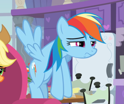 Size: 883x746 | Tagged: safe, screencap, character:applejack, character:rainbow dash, species:earth pony, species:pegasus, species:pony, episode:non-compete clause, g4, my little pony: friendship is magic, cropped, disappointed, female, flying, lidded eyes, mare, offscreen character, solo focus, spread wings, unhappy, wings