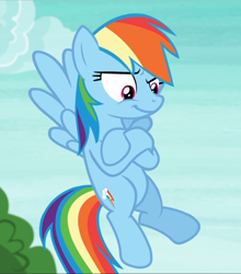 Size: 828x939 | Tagged: safe, screencap, character:rainbow dash, species:pegasus, species:pony, episode:non-compete clause, g4, my little pony: friendship is magic, cropped, crossed hooves, female, flying, mare, raised eyebrow, smiling, smirk